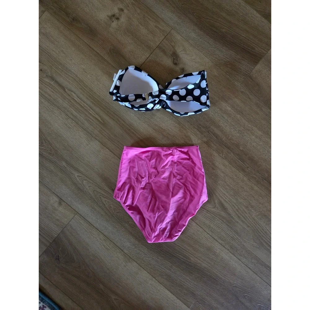 Retro Rockabilly Pink High Waisted Sailor Bikini Set Polka Dot Bandeau Top‎